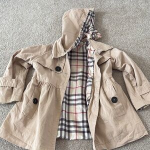 Tan Pea Coat with Hood and Plaid Lining
